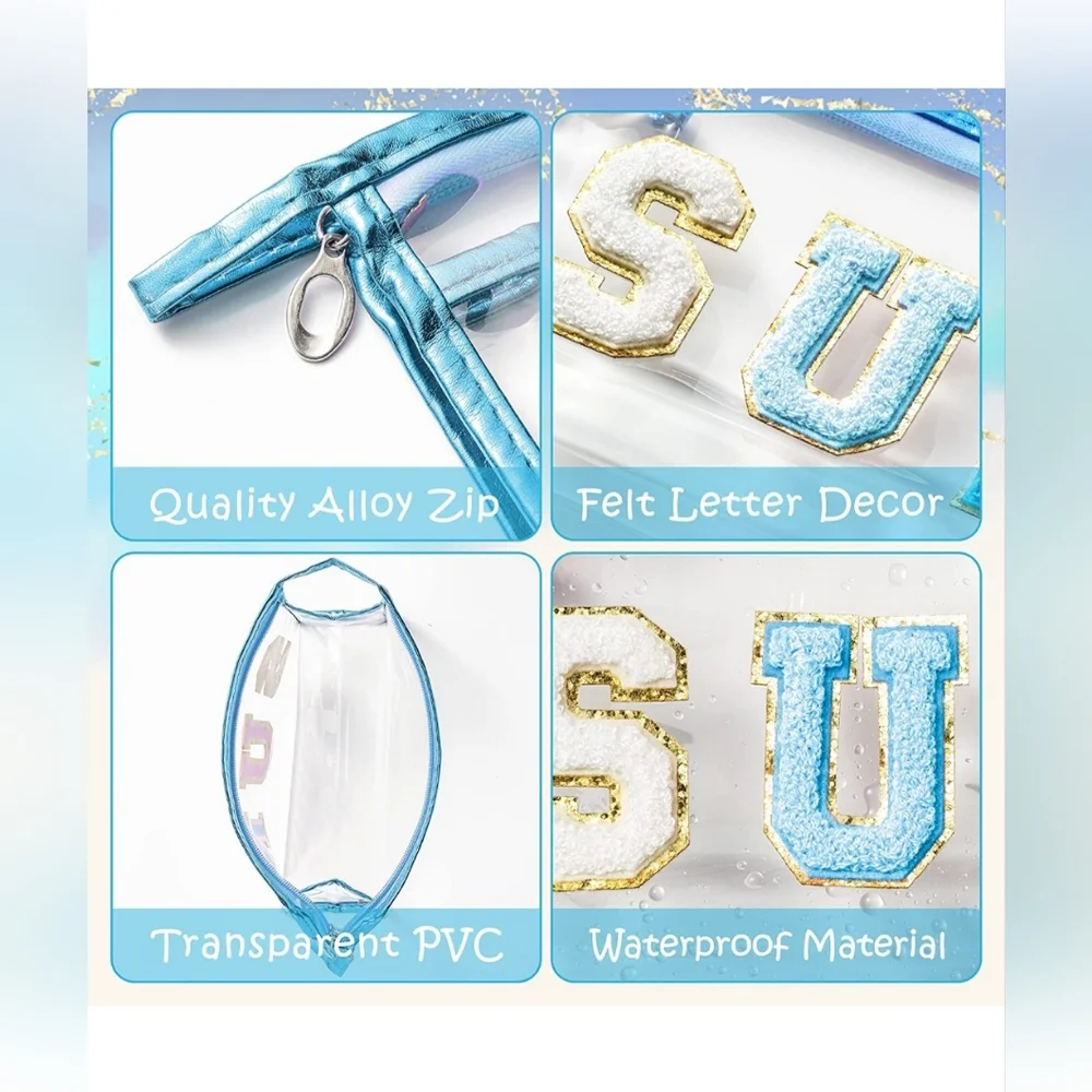 NEW SUN Varsity Letter Cosmetic Makeup Bag Felt Letters on Clear PVC
